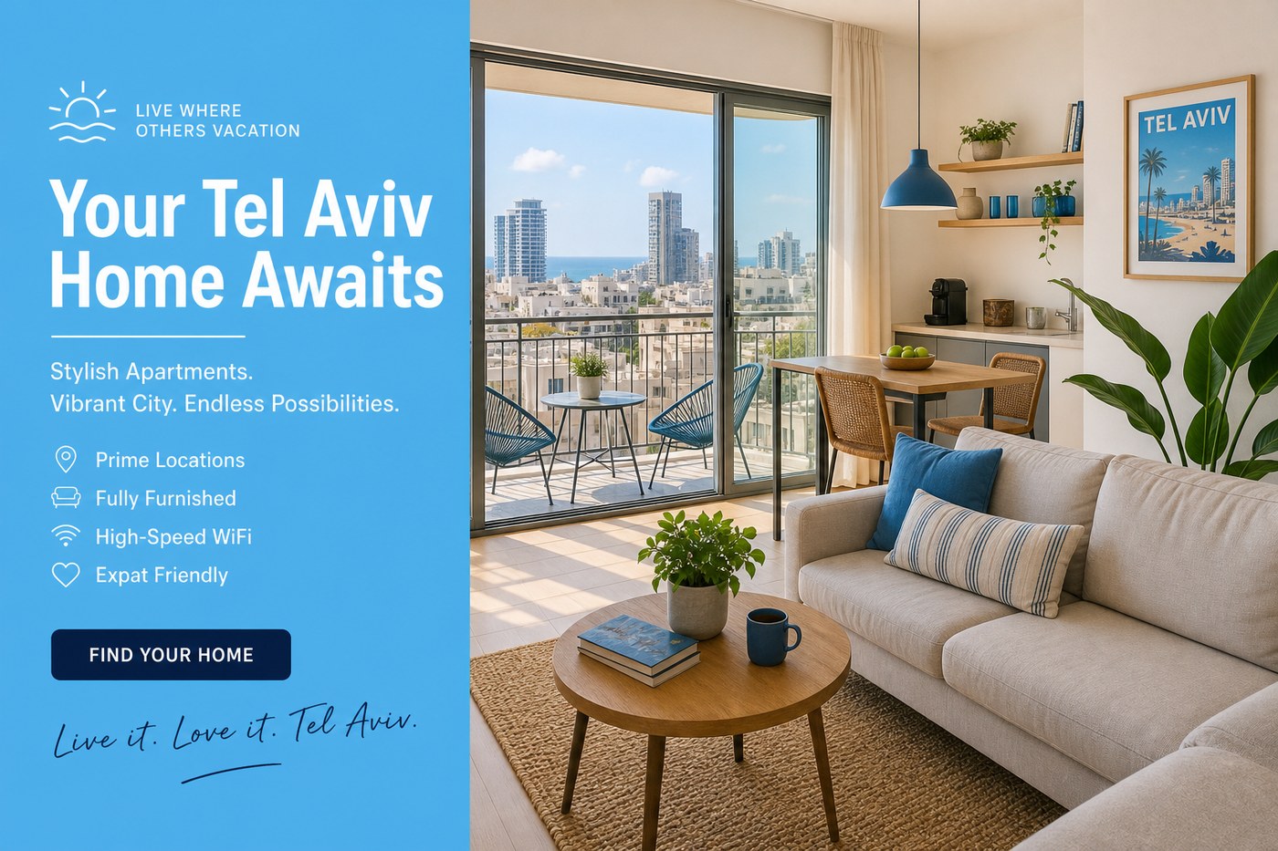 Bright furnished Tel Aviv apartment with balcony and city view