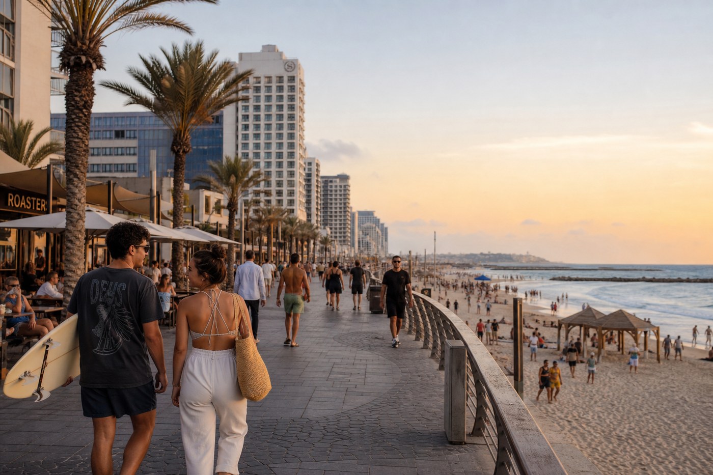 Tel Aviv beach promenade at golden hour