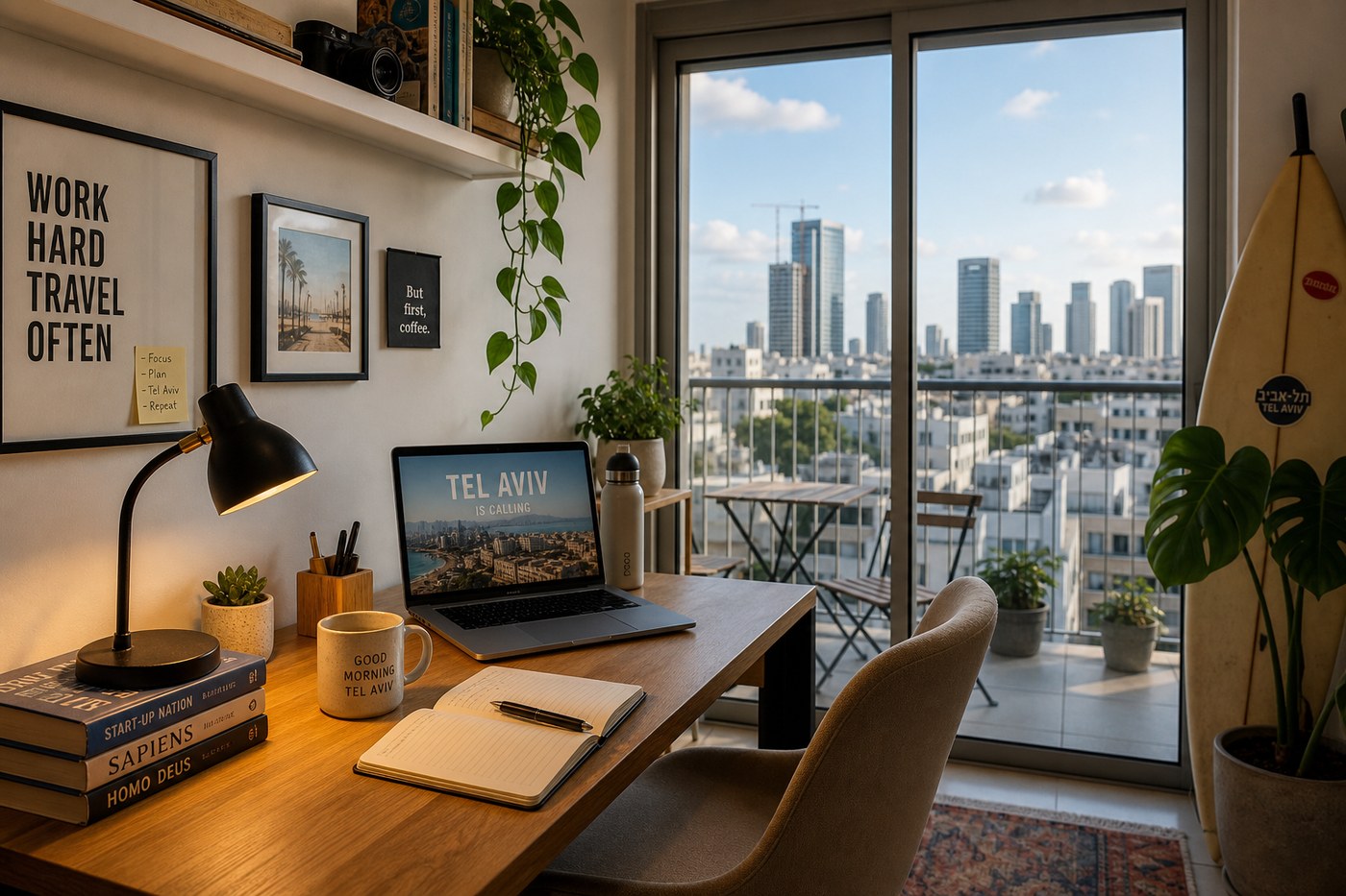 Coworking from home desk with city view
